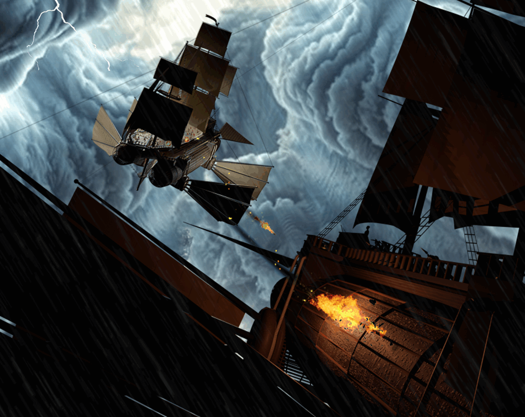 Two airships battling in a stormy sky.