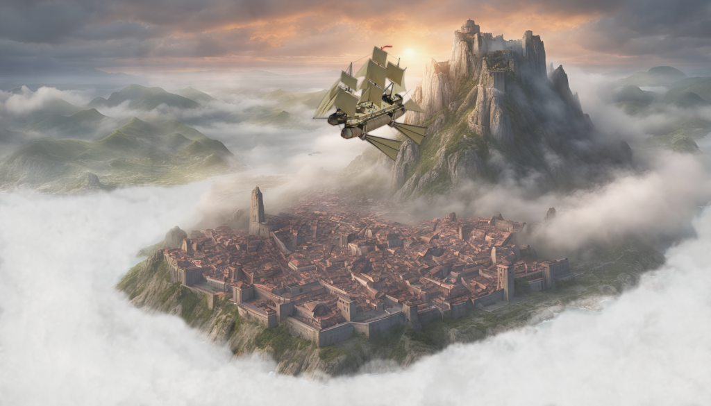 An airship sails above an ancient city.