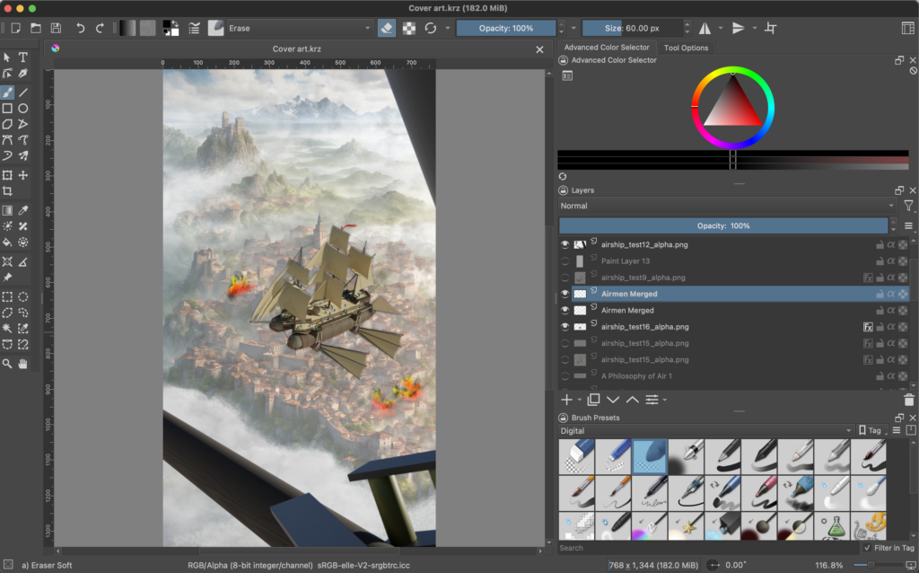 Some of Krita's painting and composition tools.