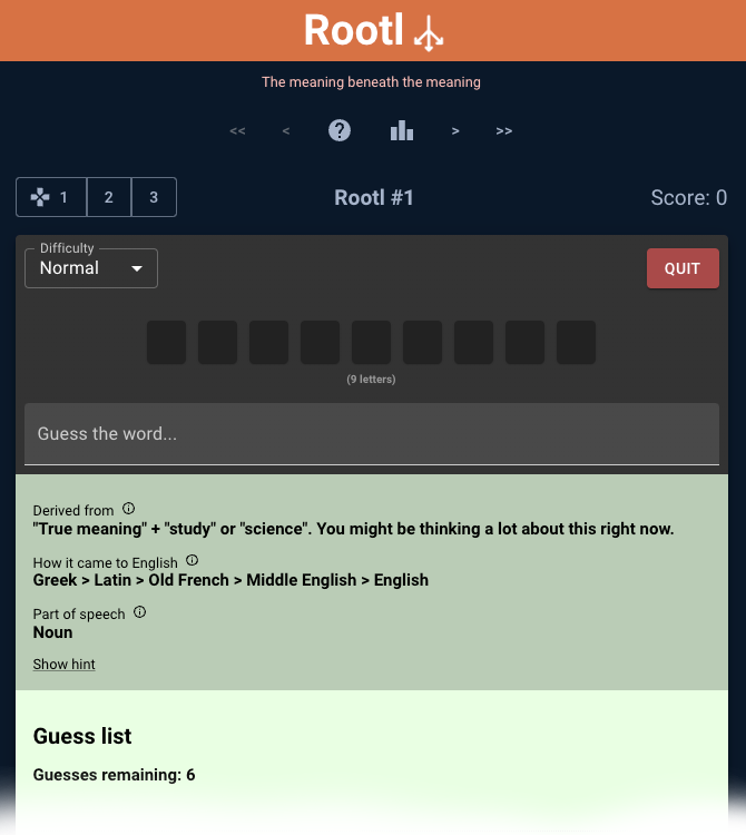 Screenshot of Rootl, a daily word game about etymology