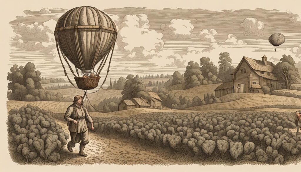 The earliest airships were little more than flying wheelbarrows. In this picture, a farmer employs an early sky basket.