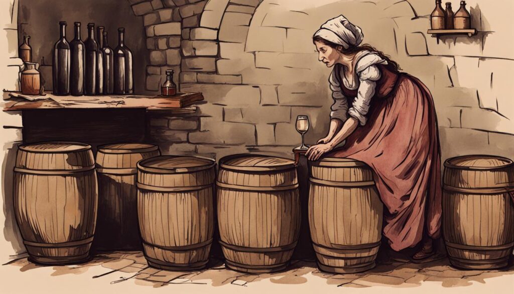 Esen, wife of Cyrus, contemplating a wine barrels (and probably murder).