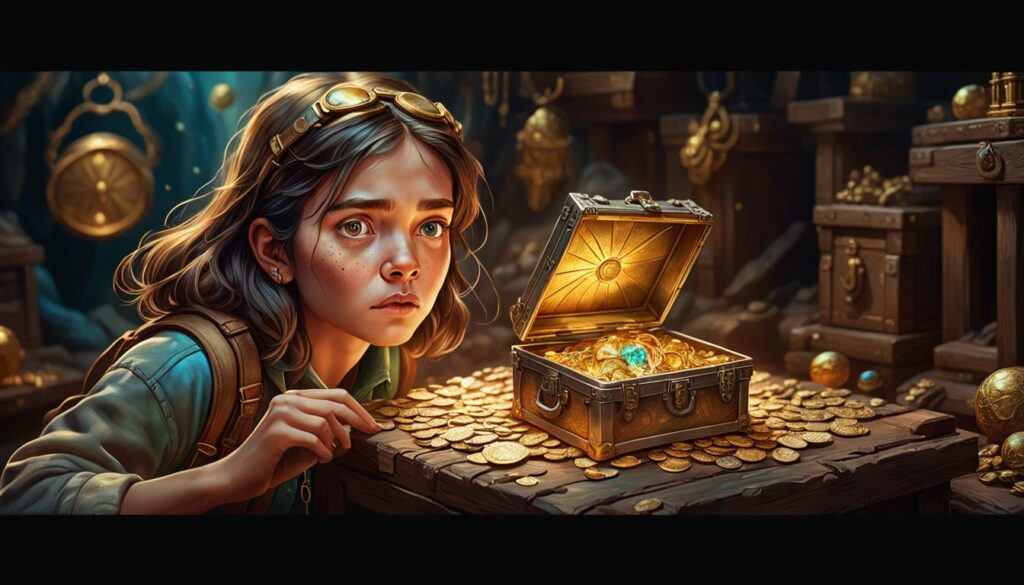 Something surprises a young explorer in a room full of treasure. One's objective may change depending on the circumstances.