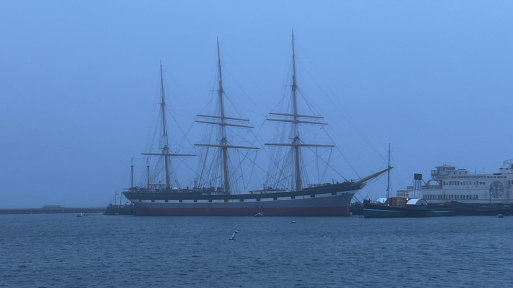 The Balclutha, a 19th century sailing vessel, seen in the fog.