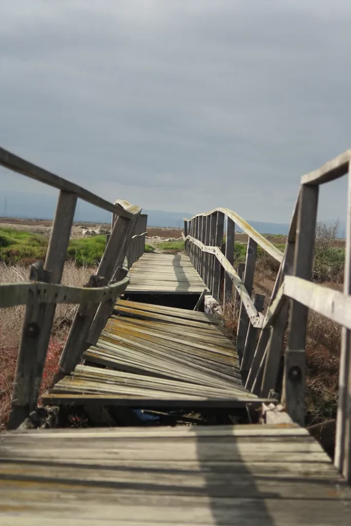 A twisted and broken wooden bridge.