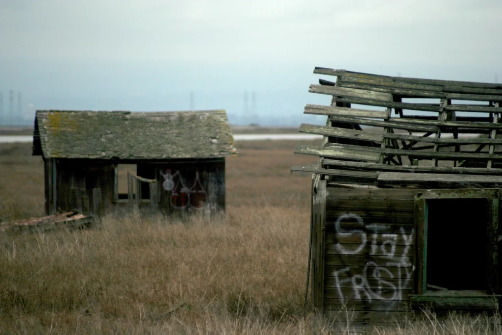 Two rundown shacks in a field near Drawbridge, CA on an overcast day. On one of them, graffiti reads "stay frosty".