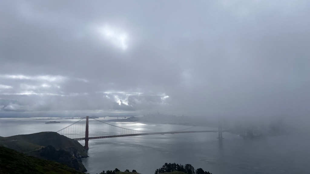 Golden Gate Bridge in fog as seen from Hawk Hill.