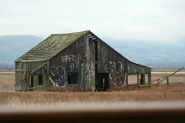 An old shack, mostly intact, sits in the middle of an empty field.