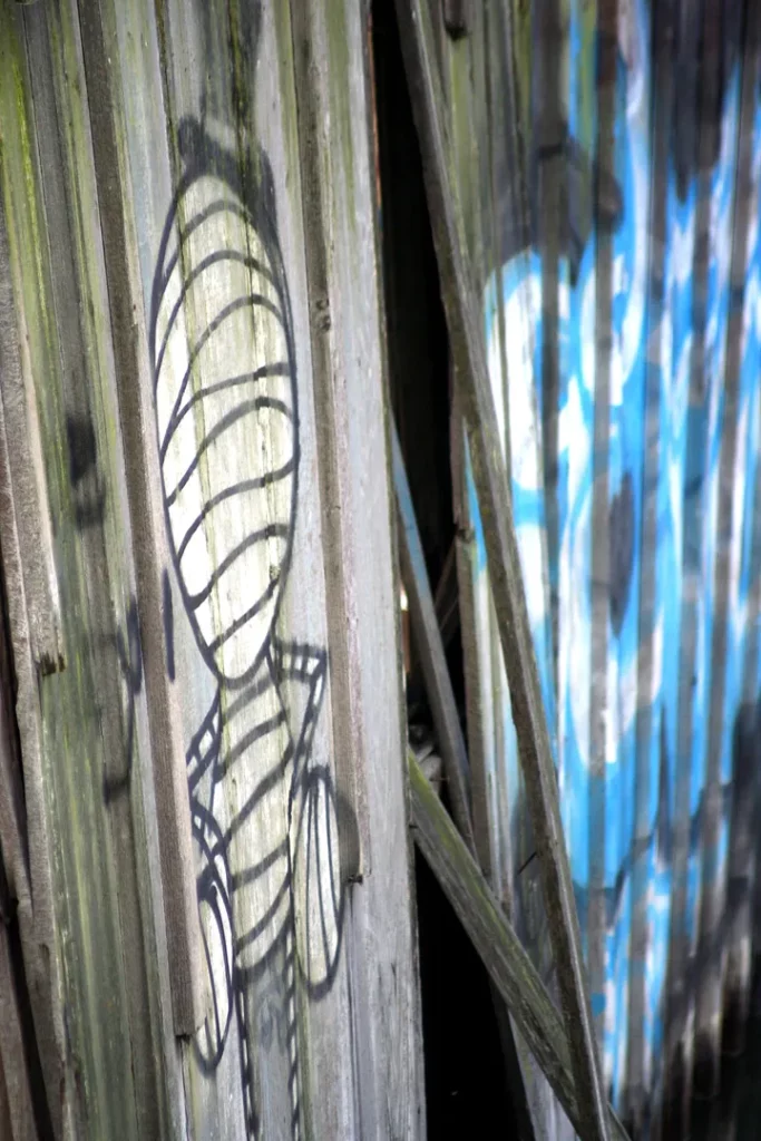 Graffiti inside a broken-down shack shows a cartoon mummy.