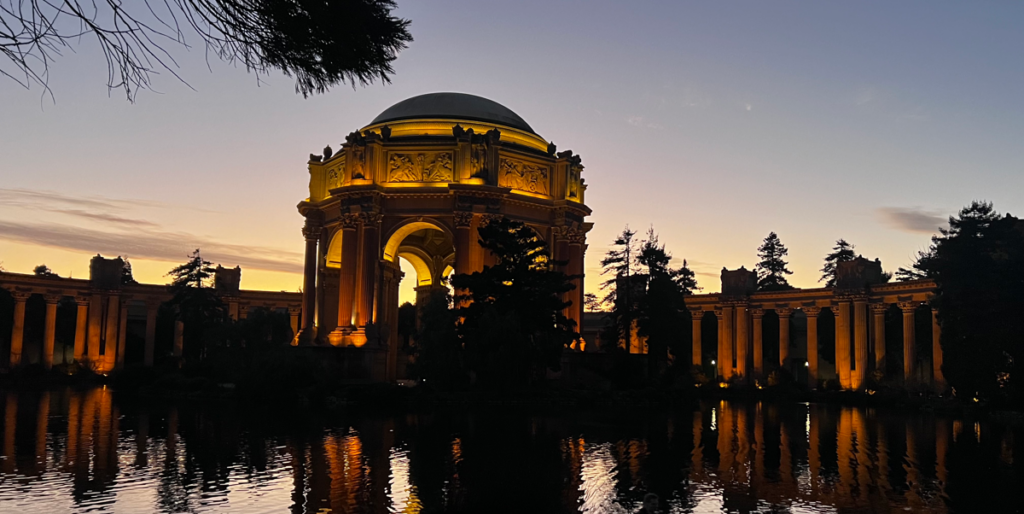 The Palace of Fine Arts at dusk.