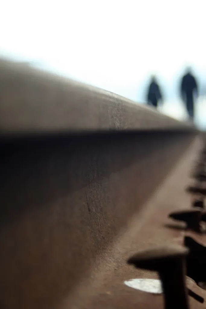 People walking along train tracks.