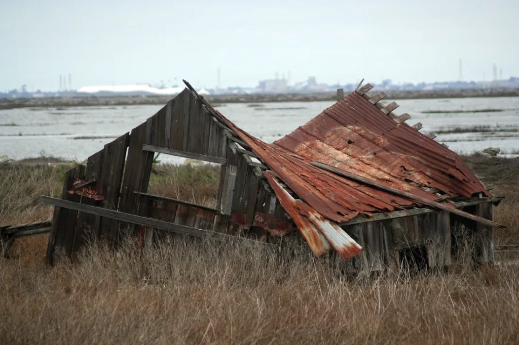 The collapse of an old shack in Drawbridge, CA.