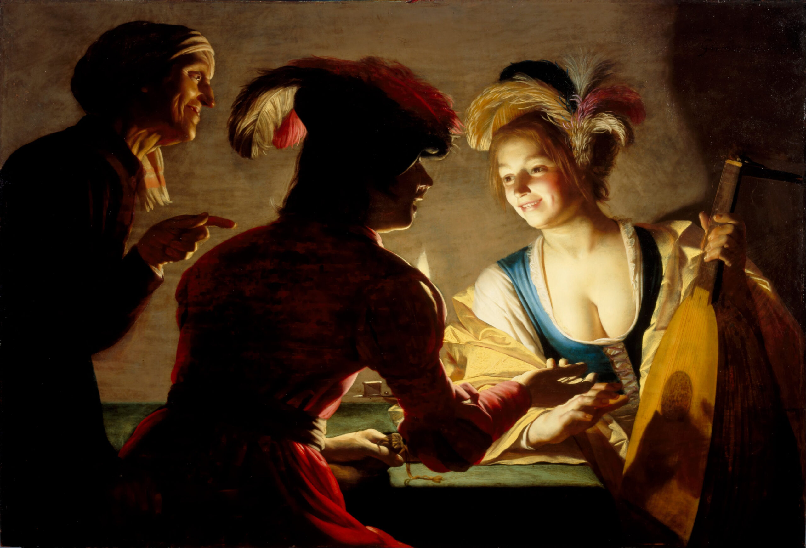 The Matchmaker by Gerard von Honthorst, demonstrating the high-contrast technique of chiaroscuro.