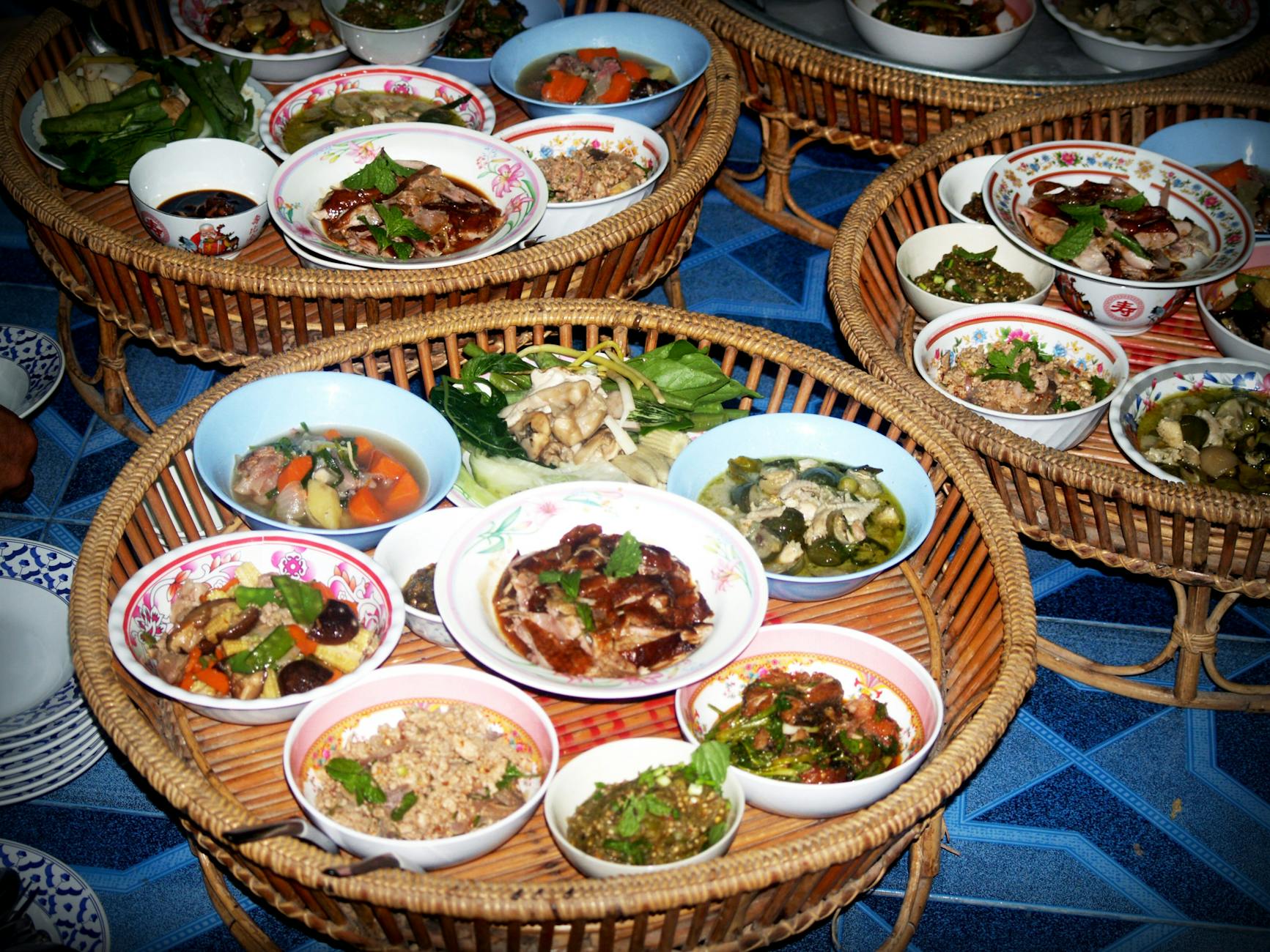 white ceramic plates and bowls on brown trays. Variety, as they say, is the spice of life!