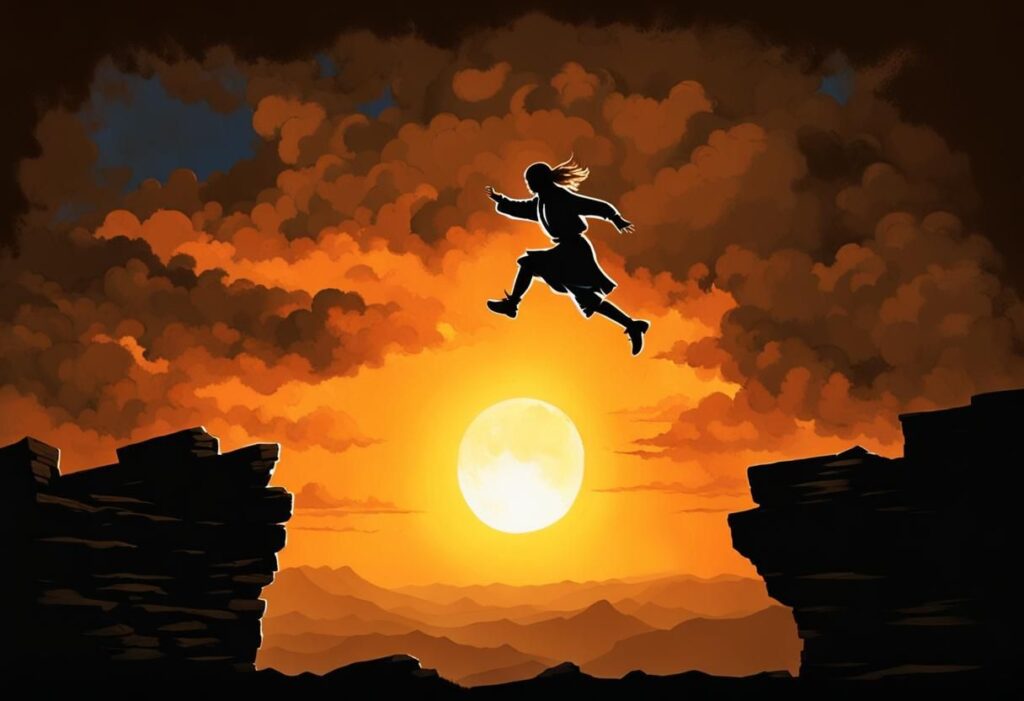 A robed figure leaps a chasm at sunset.