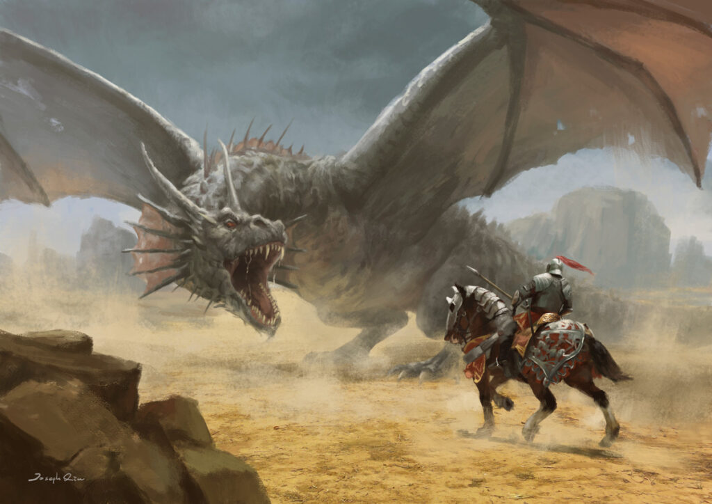 A knight on horseback confronts an enormous dragon.