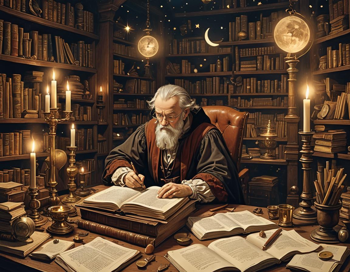 Galileo as a magical scientist studying in his library.