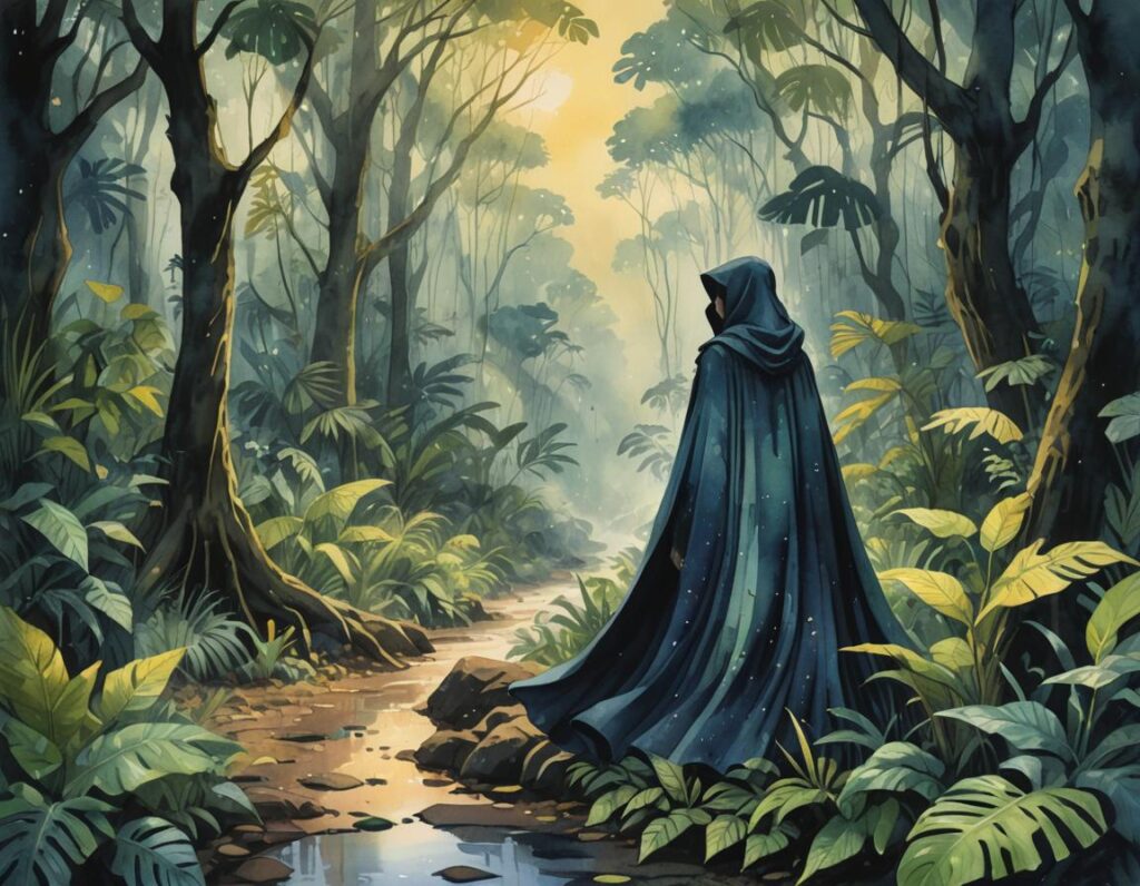 Cloaked figure in an Amazon rainforest.