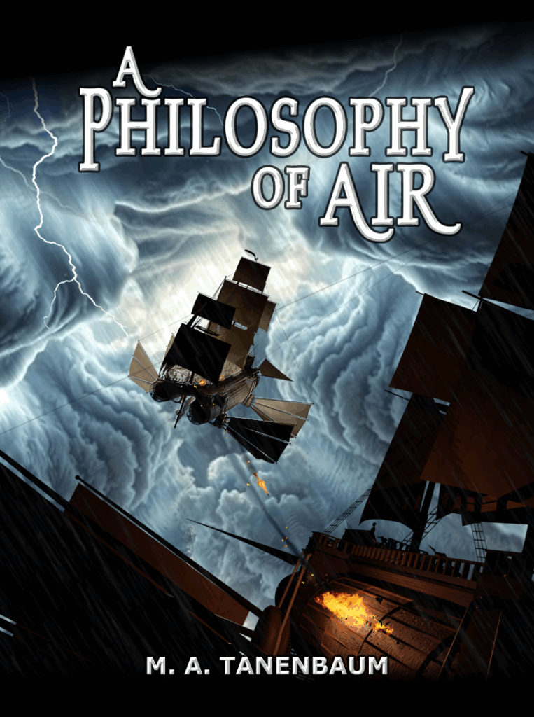 Draft cover art for a novel called A Philosophy of Air. Two airships battle in a stormy sky.