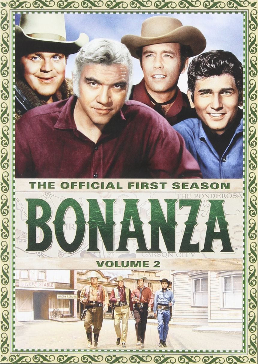 A movie poster from the TV show "Bonanza" showing the faces of four cowboys at top, and the same characters with guns drawn below.