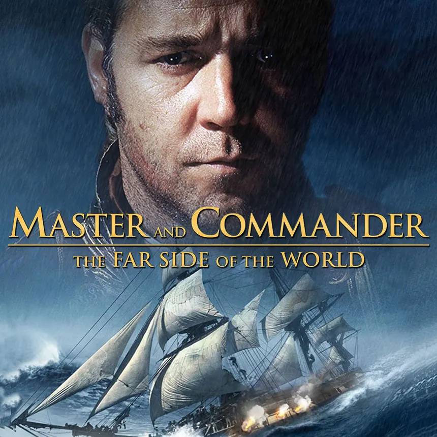 Poster art from Master and Commander. A sailing ship struggles through stormy seas.