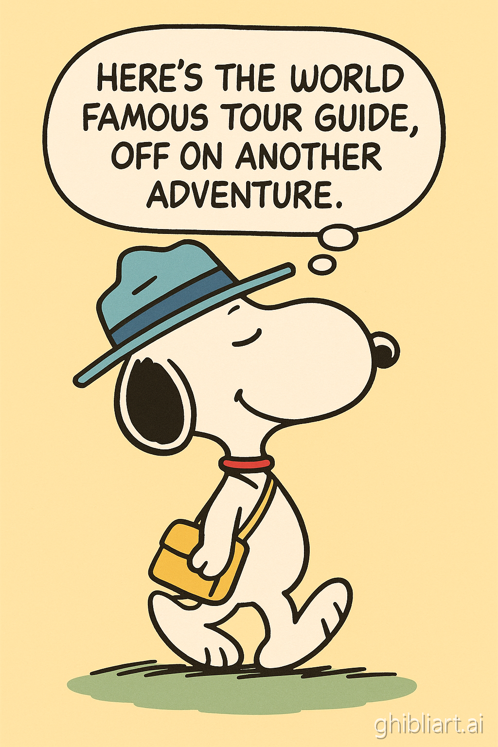 "Peanuts" character Snoopy thinking "Here's the world-famous tour guide, off on another adventure."