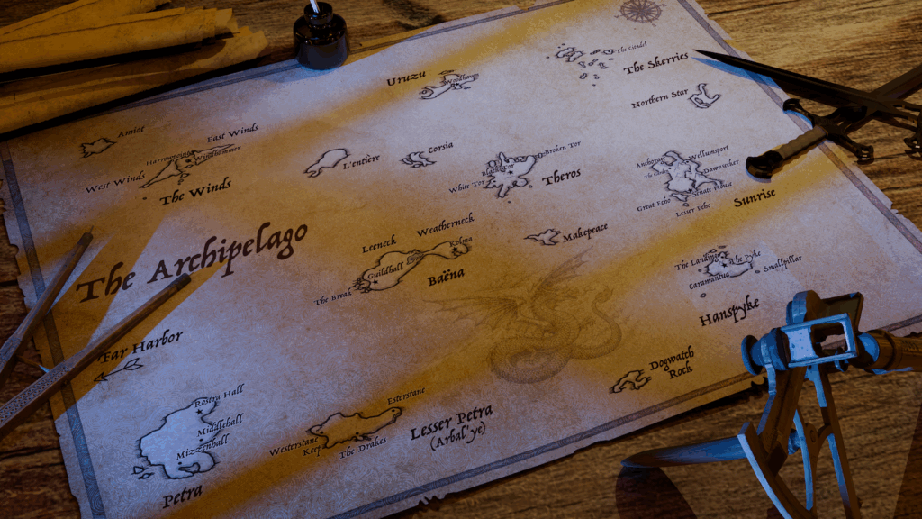 An old map showing an island chain. The chain is labelled "The Archipelago" and there are seven main islands.