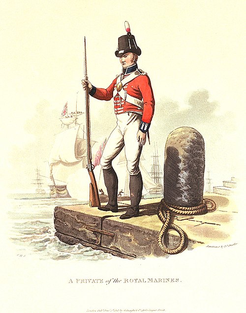 A private of the Royal Marines, circa 1815. A soldier at port side carries a musket and wears a red jacket and cocked hat.