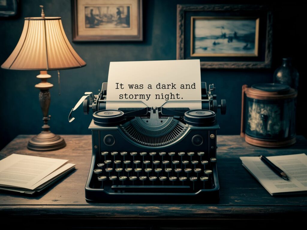 A typewriter in a shabby office with a page reading "It was a dark and stormy night."