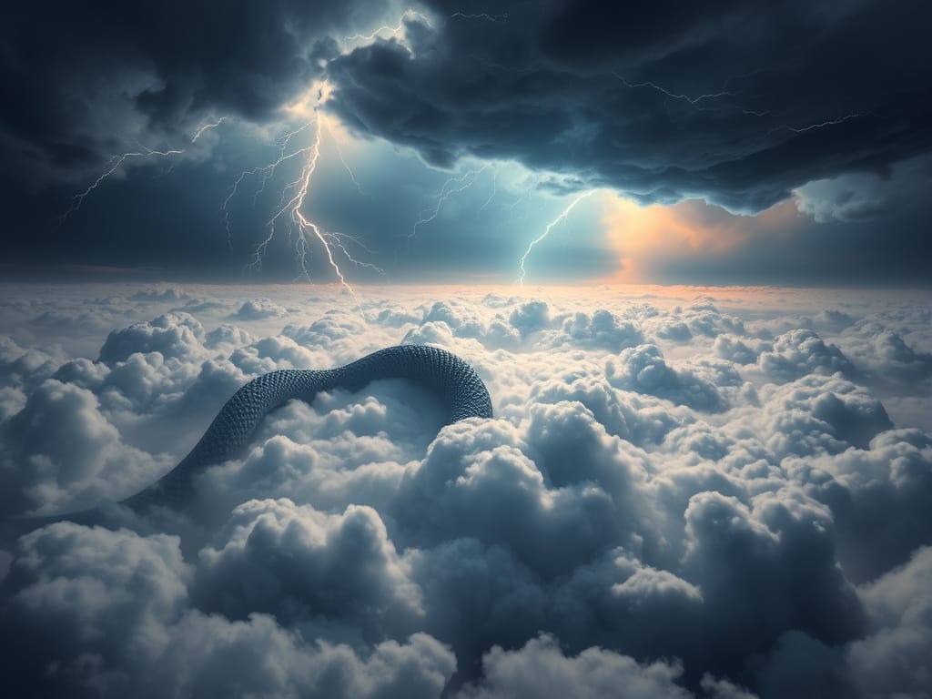 Some kind of large serpent slithers through a sea of clouds.