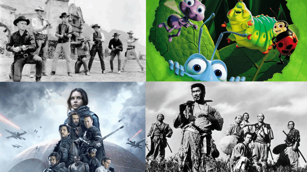 Publicity images from the movies The Magnificent Seven, A Bug's Life, Rogue One, and The Seven Samurai.