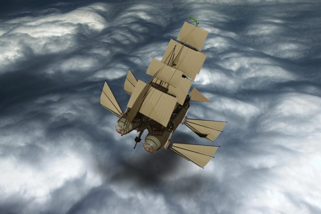 An airship sails over a sea of clouds.