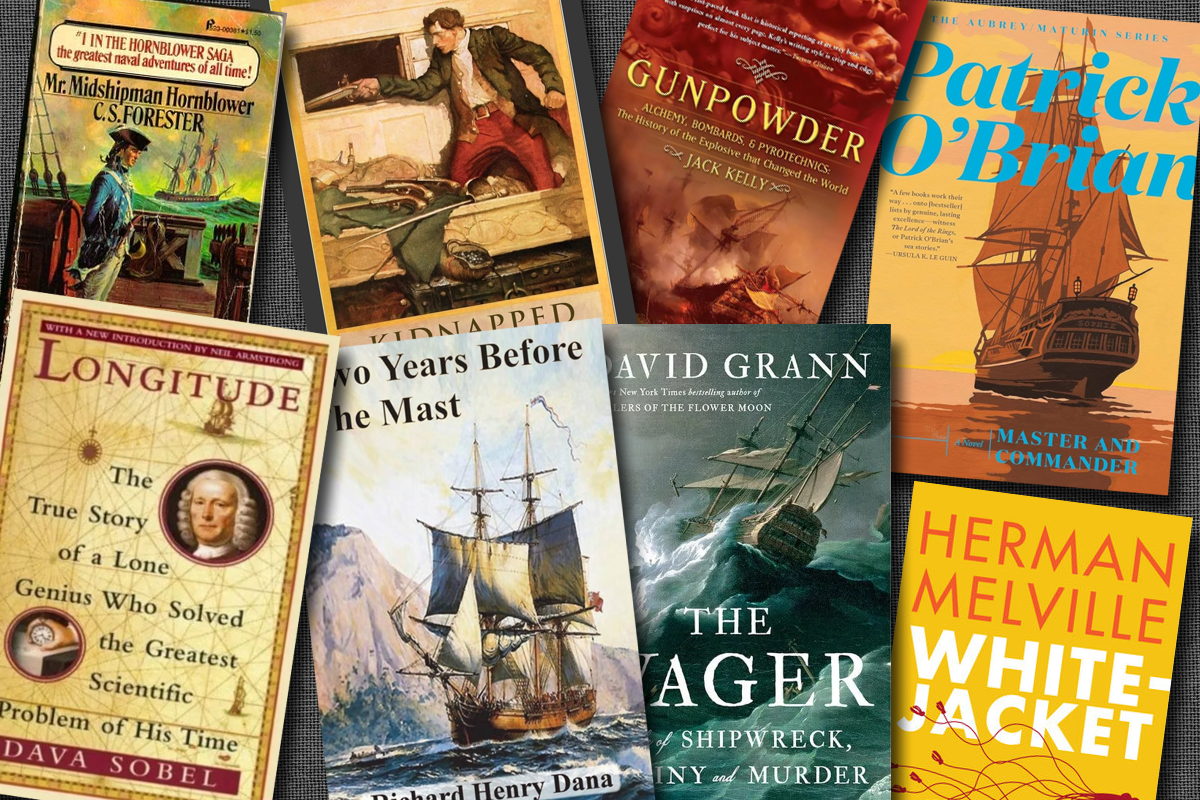 A scattering of books, including Mr. Midshipman Hornblower, by C.S. Forester, Kidnapped by Robert Louis Stevenson, Gunpowder by Jack Kelly, Master and Commander by Patrick O'Brian, Longitude by Dava Sobel, Two Years Before the Mast by Richard Henry Dana, The Wager by David Grann, and White-Jacket by Herman Melville.