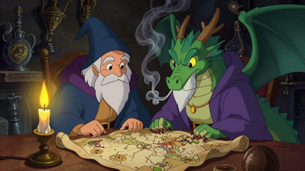 A wizard and dragon puzzle over a map.