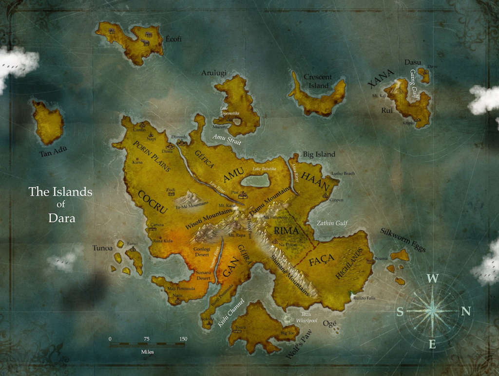A map of a continent with smaller islands scattered around it.