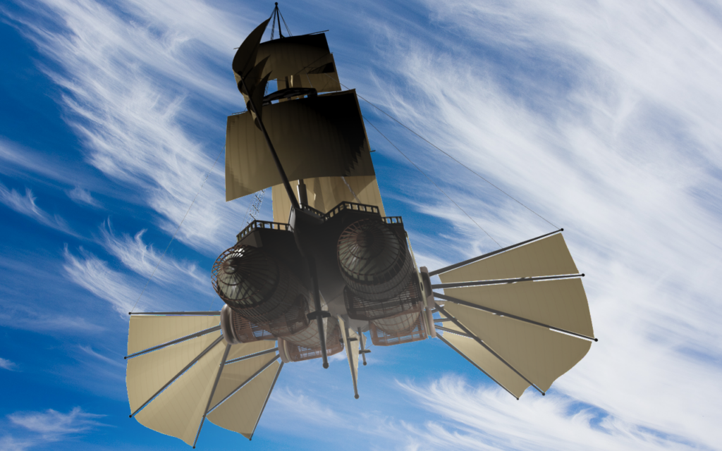 An airship flying under all plain sail.