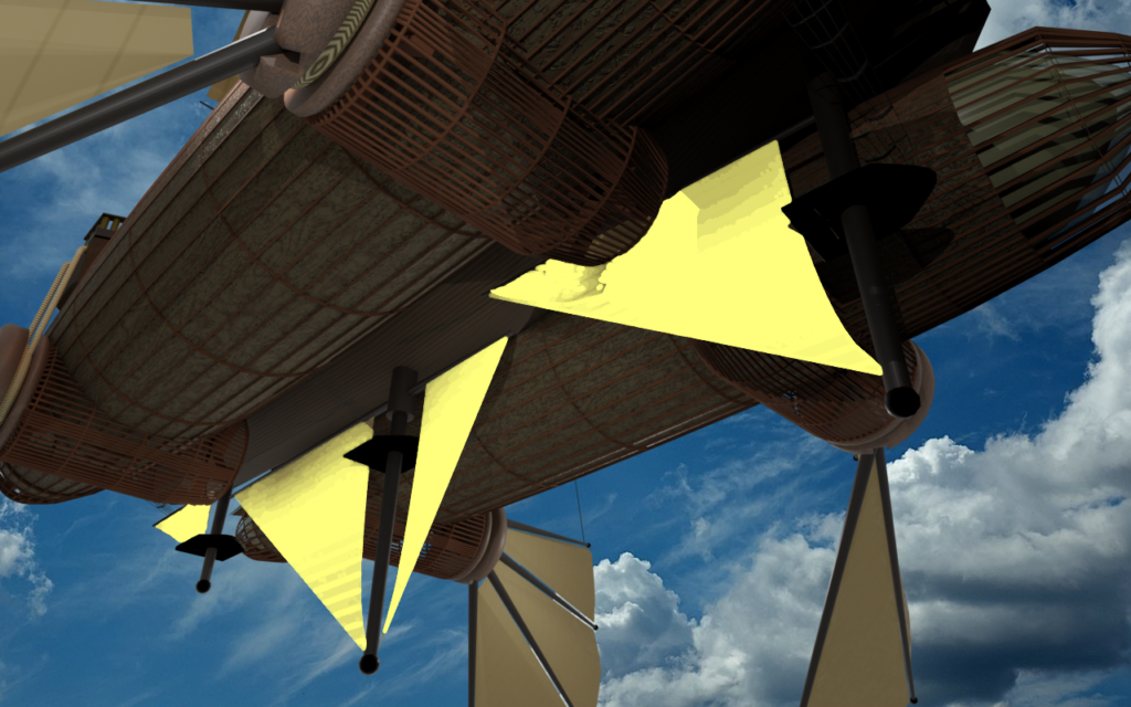 Detail of the underside of an airship, highlighting the keelsails.