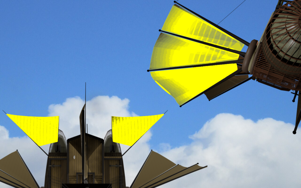 Image of two airships highlighting the tailsails at the aft of an airship and the wingsails, which run out along port and starboard.