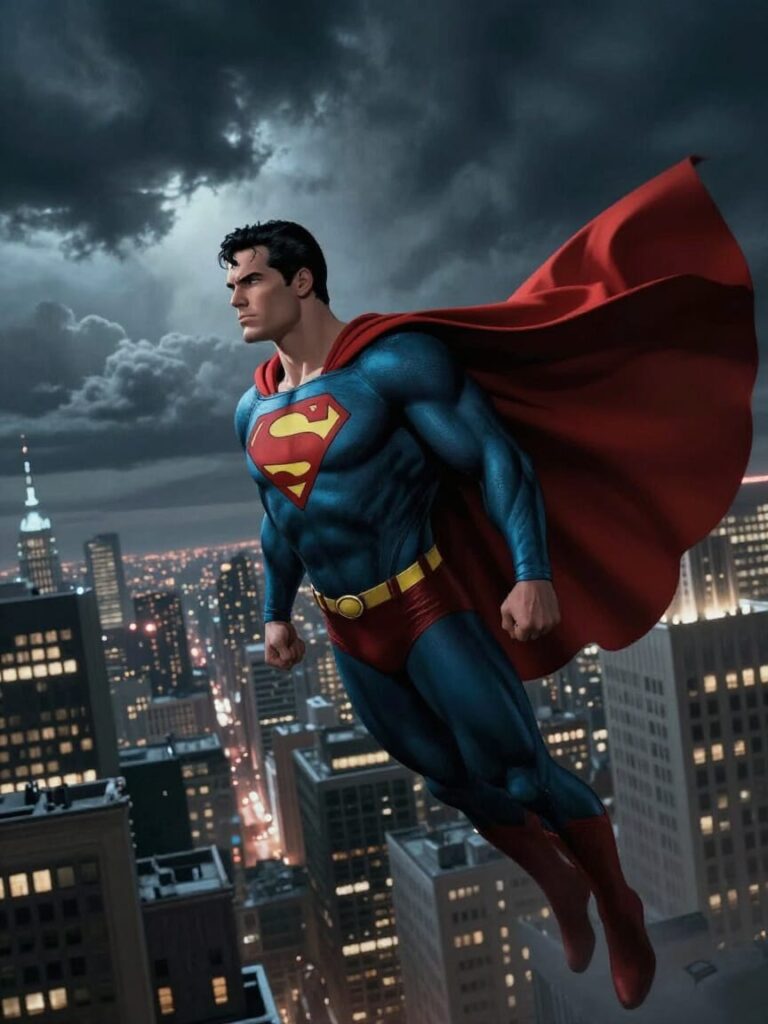 Superman, face grim with determination, flies over Metropolis.