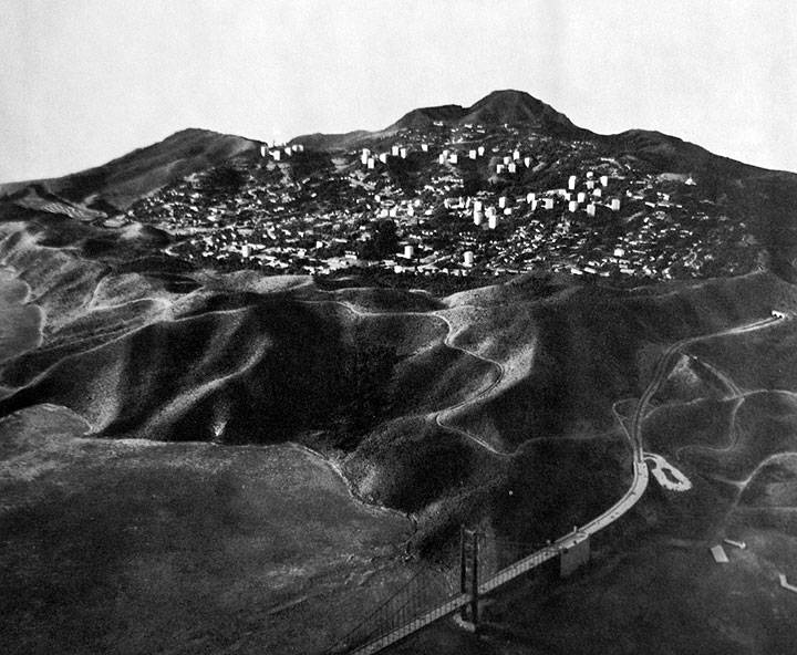 A model of the Golden Gate Bridge and a planned city just to the north.
