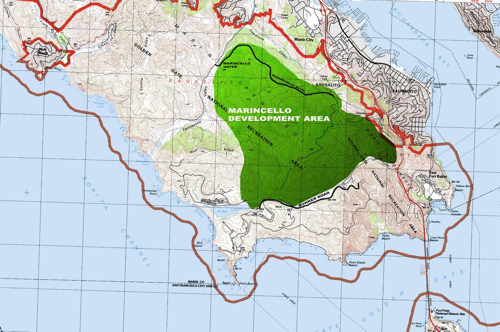 A map of southern Marin County highlighting a large area titled "Marincello Development Area"