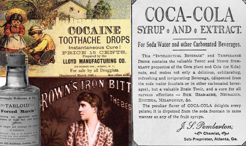 A collage of several 19th century advertisements for Cocaine-based products including Cocaine toothache drops, Brown's Iron Bitters, and Coca-Cola.