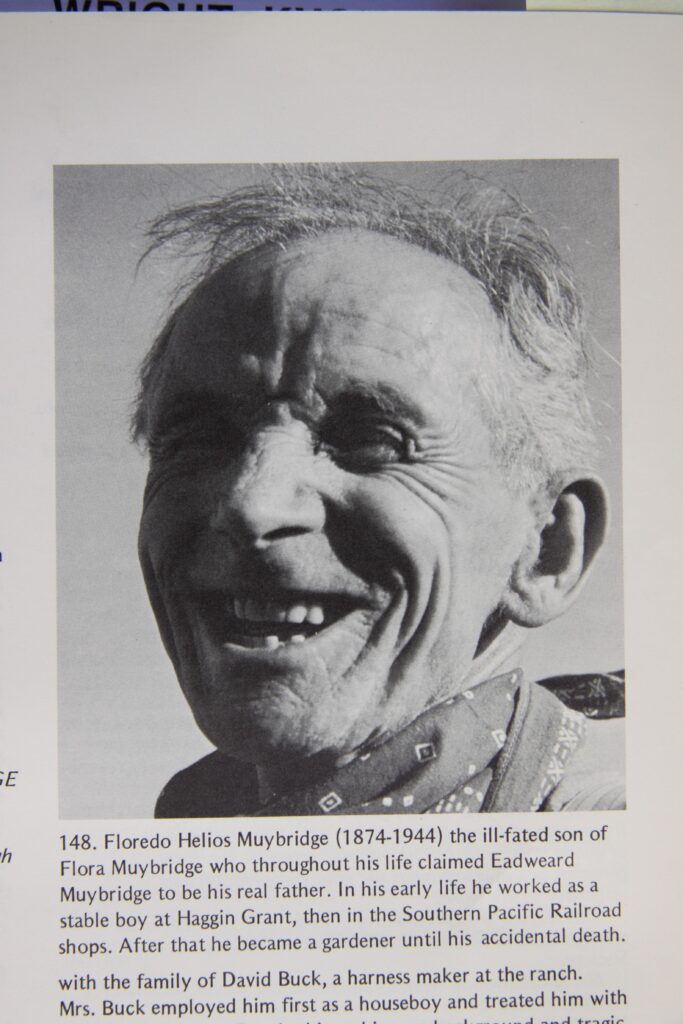 An old man with thin, grey hair and crooked teeth, smiling broadly. Text below the photo describes the man as Florado Helios Muybridge, noting he lived from 1874-1944 and that throughout his life he continued to claim that Eadweard was his father.