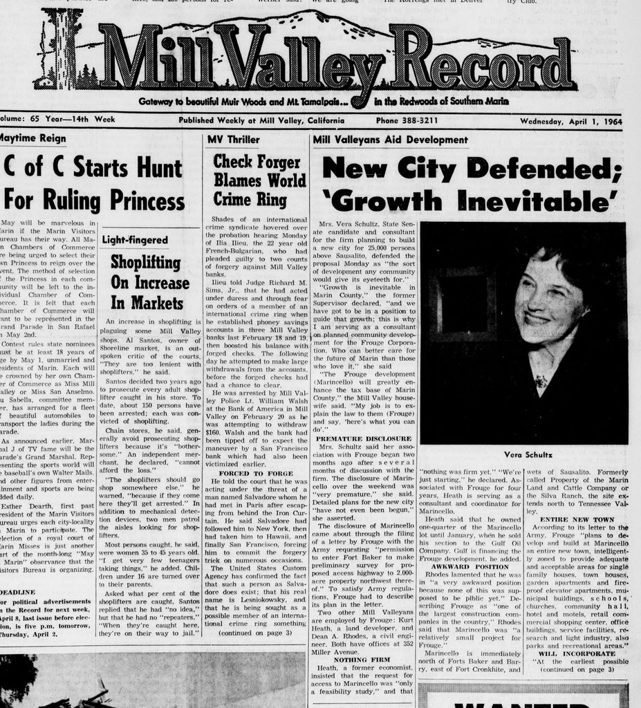 A newspaper titled "Mill Valley Record." The top story is headlined "New City Defended; 'Growth Inevitable'"