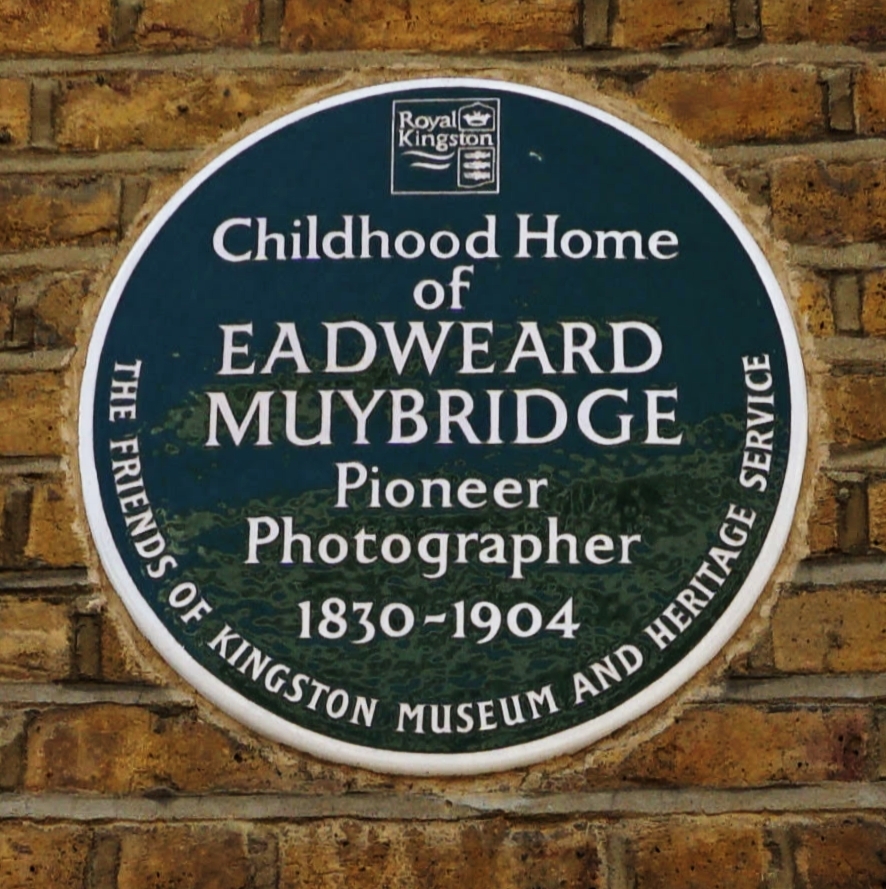 A circular plaque reading "Childhood Home of Eadweard Muybridge, Pioneer Photographer, 1830-1904"