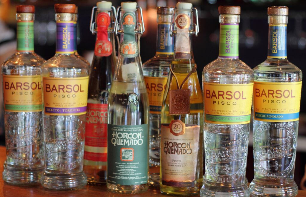 Bottles of pisco brandy.