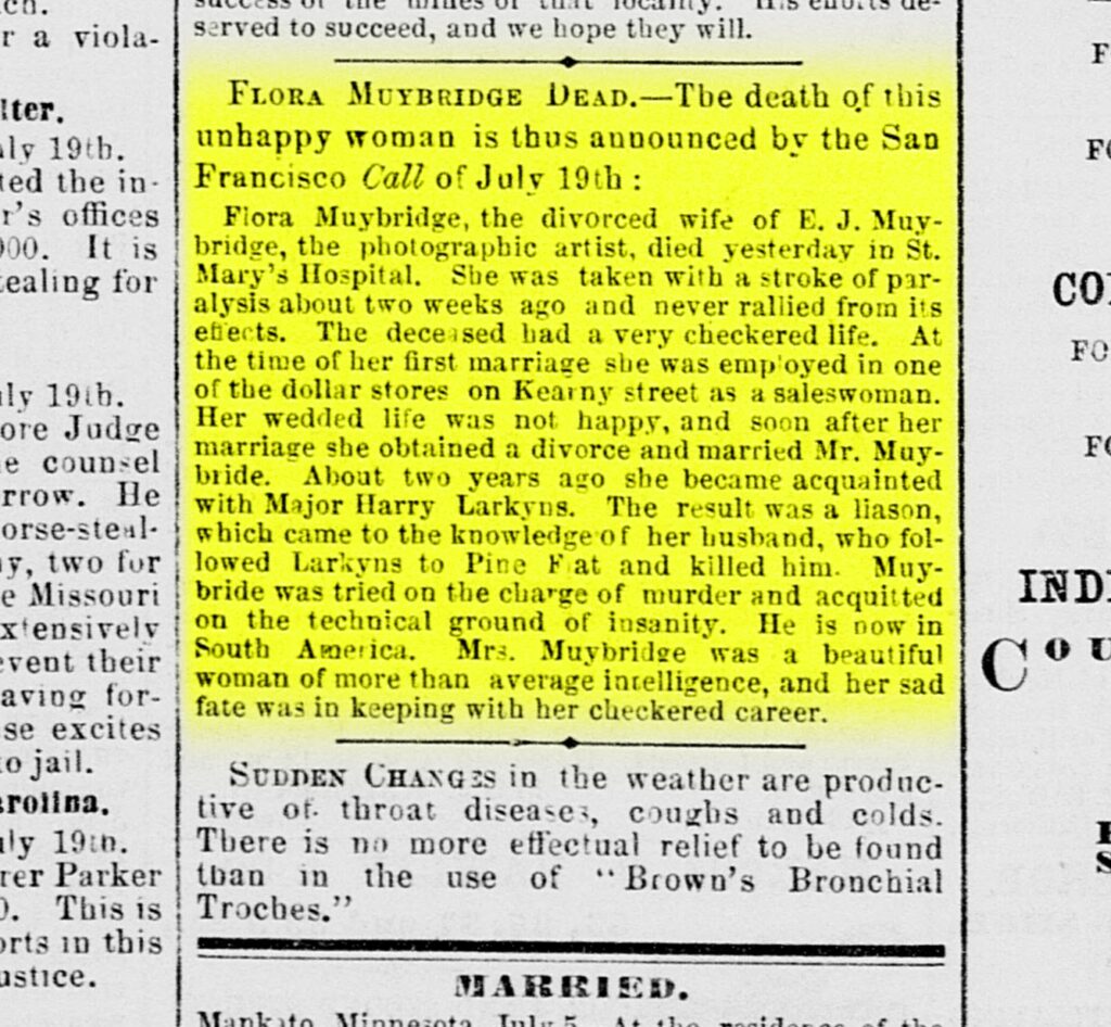 A newspaper clipping with a story beginning "Flora Muybridge Dead." The story describes the details of her death, together with a synopsis of the murder trial.