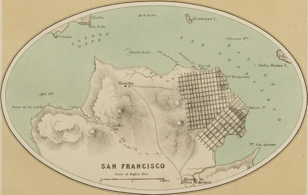 A map of San Francisco in 1857. The street grid exists only on the eastern end of the peninsula.