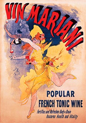 A poster with a dancing woman and the name Vin Mariani.