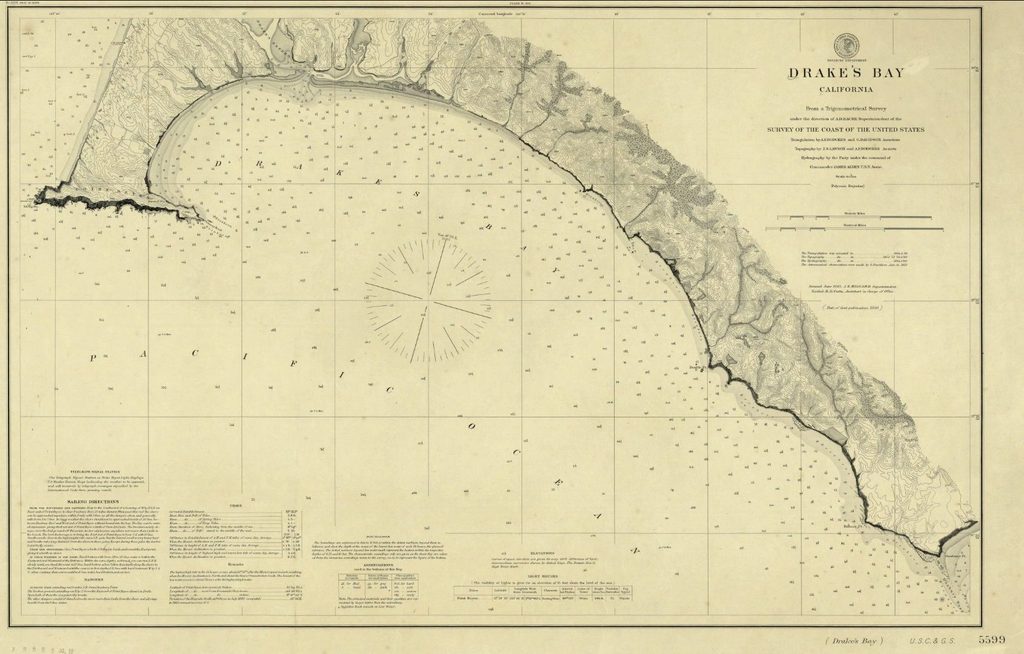 A map detailing a bay and the nearby water. The map is titled "Drake's Bay."